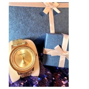 New STRADA Quartz Gold Tone Rhinestone Bezel Chronograph Men's Watch New